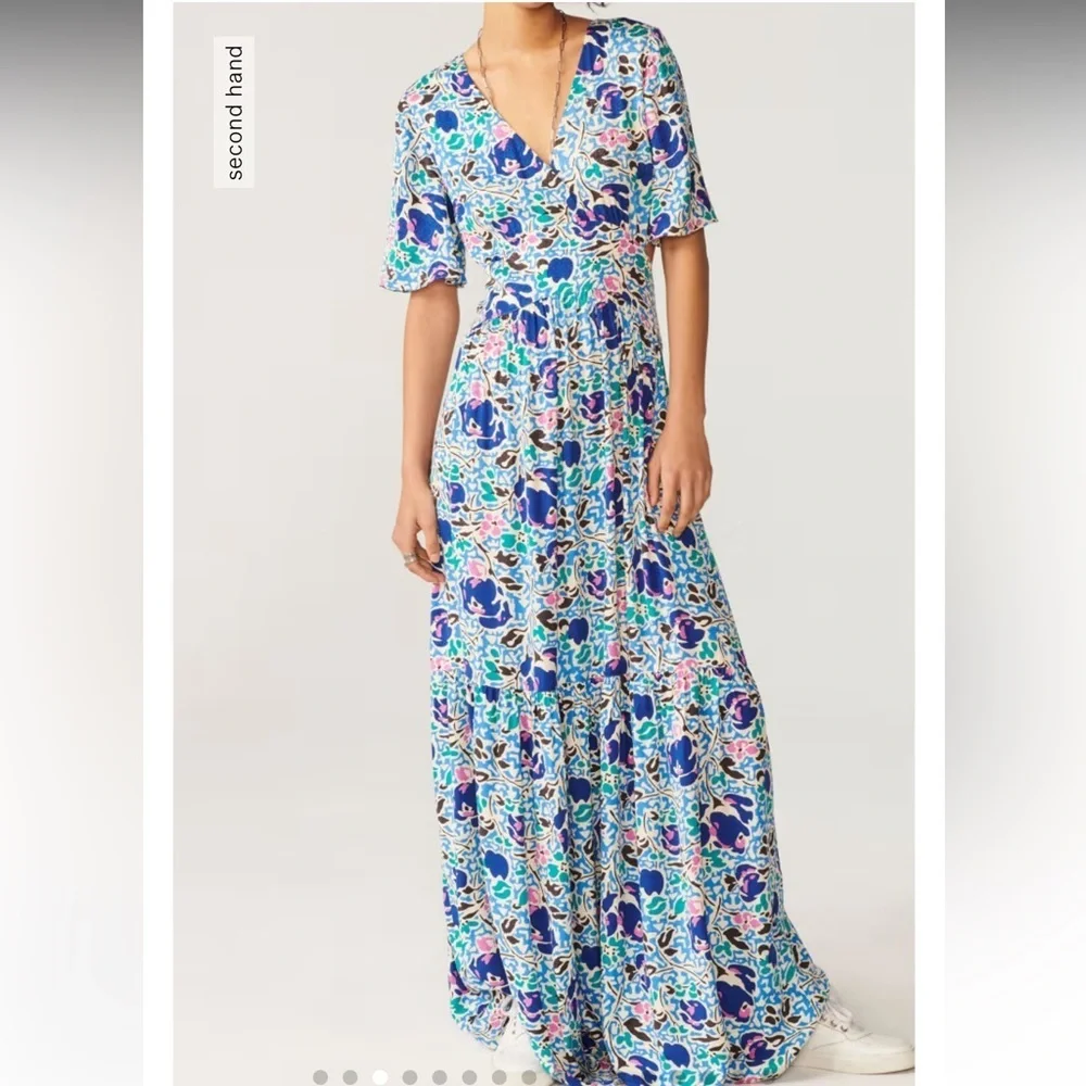 ba&sh NWT Ova Maxi Dress Floral Print Open-Back Backless Flowy Blue White XS / 0 - Picture 2 of 11